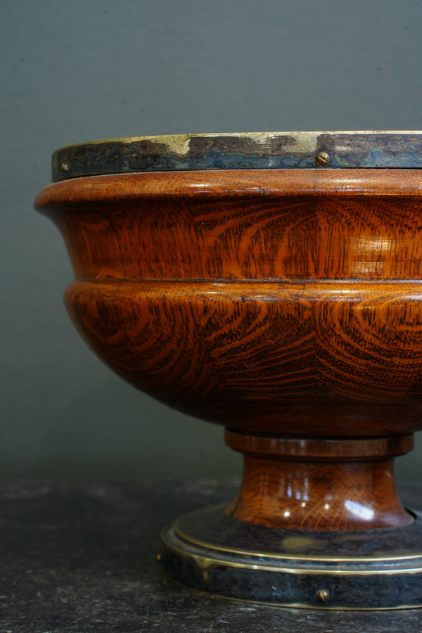 Edwardian English Oak and Brass Pedestal Bowl secondary view