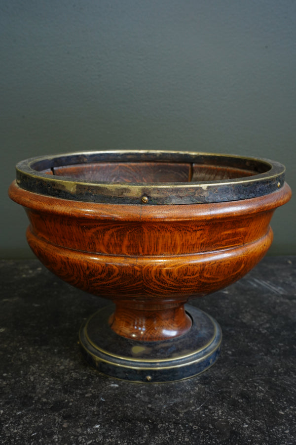 Edwardian English Oak and Brass Pedestal Bowl