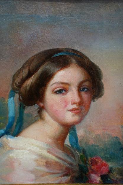 *RESERVED* Antique French Self-Portrait Oil Painting, Mlle de Matagoval