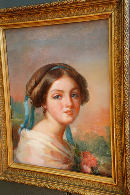 *RESERVED* Antique French Self-Portrait Oil Painting, Mlle de Matagoval