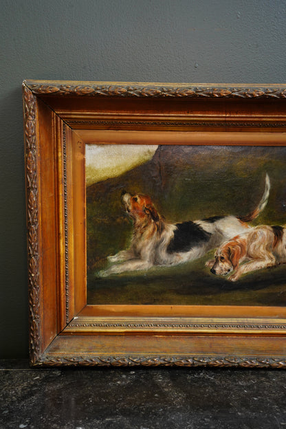 *RESERVED* Antique Victorian Oil Painting, Two Rough-Coated Hounds Scenting