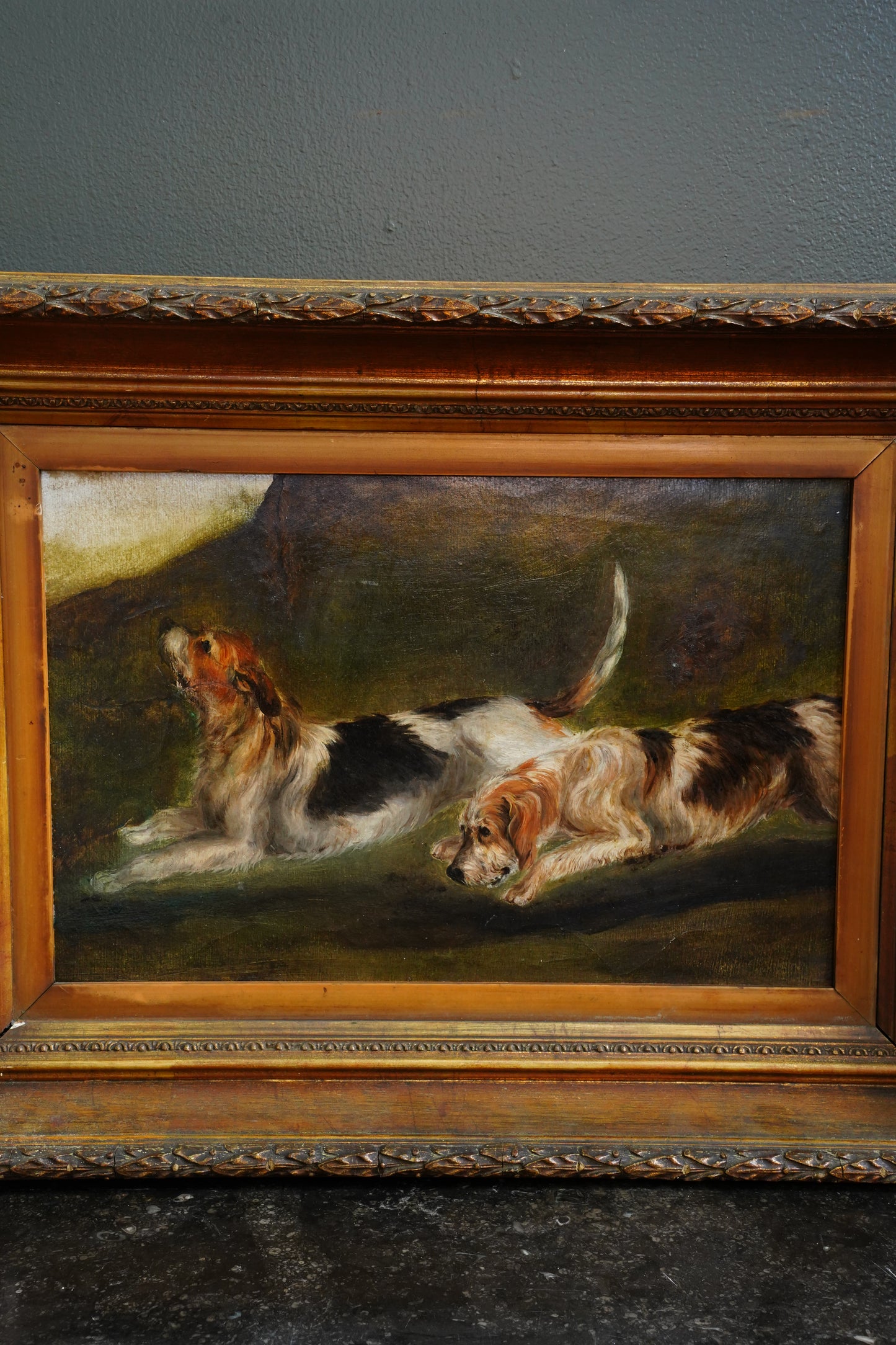 *RESERVED* Antique Victorian Oil Painting, Two Rough-Coated Hounds Scenting