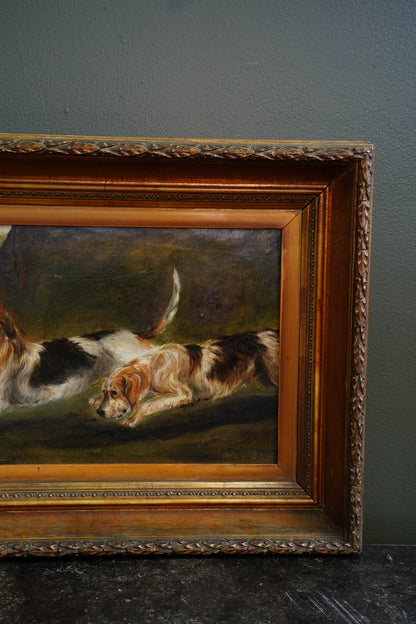 *RESERVED* Antique Victorian Oil Painting, Two Rough-Coated Hounds Scenting