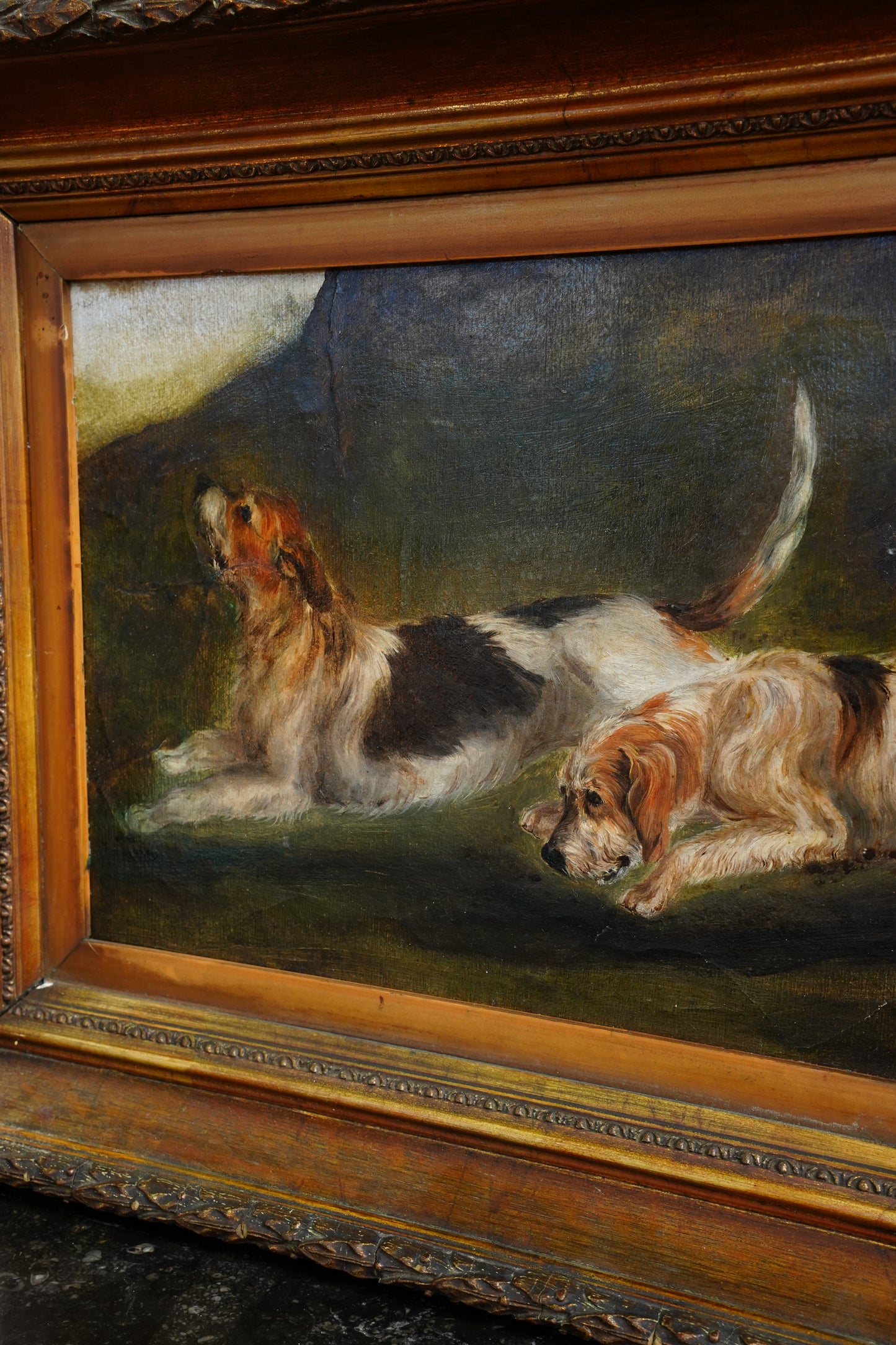 *RESERVED* Antique Victorian Oil Painting, Two Rough-Coated Hounds Scenting