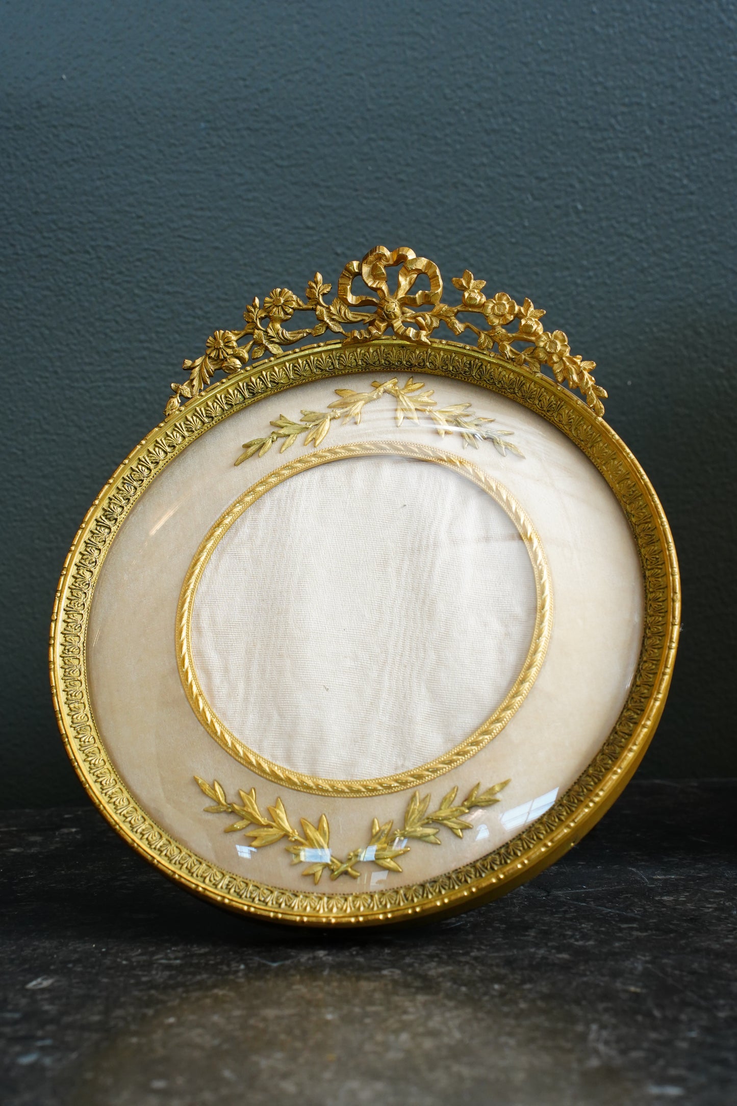 Antique French Gilt Bronze Circular Picture Frame, Convex Glass