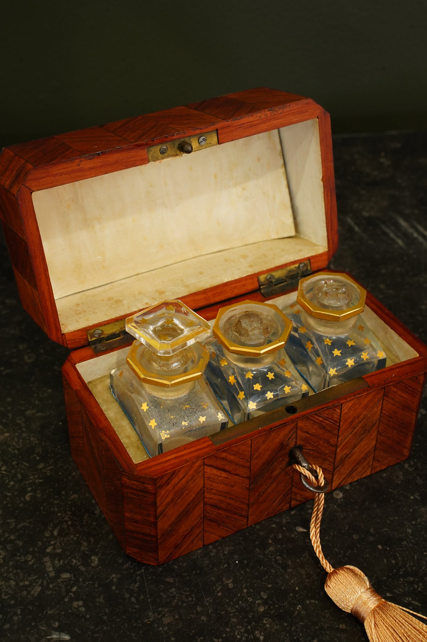 *RESERVED* Antique French Napoleon III Kingwood Parfum Casket with Three Star-Gilt Bottles