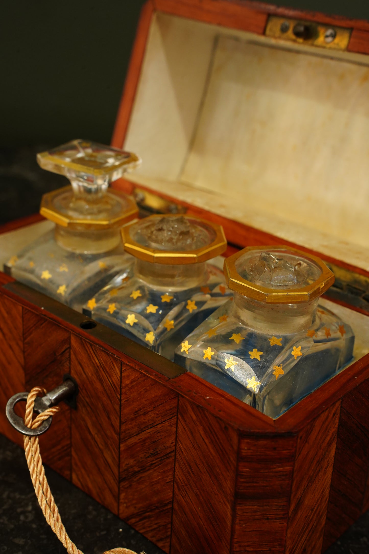 *RESERVED* Antique French Napoleon III Kingwood Parfum Casket with Three Star-Gilt Bottles