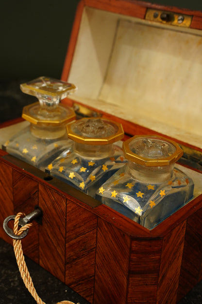 *RESERVED* Antique French Napoleon III Kingwood Parfum Casket with Three Star-Gilt Bottles