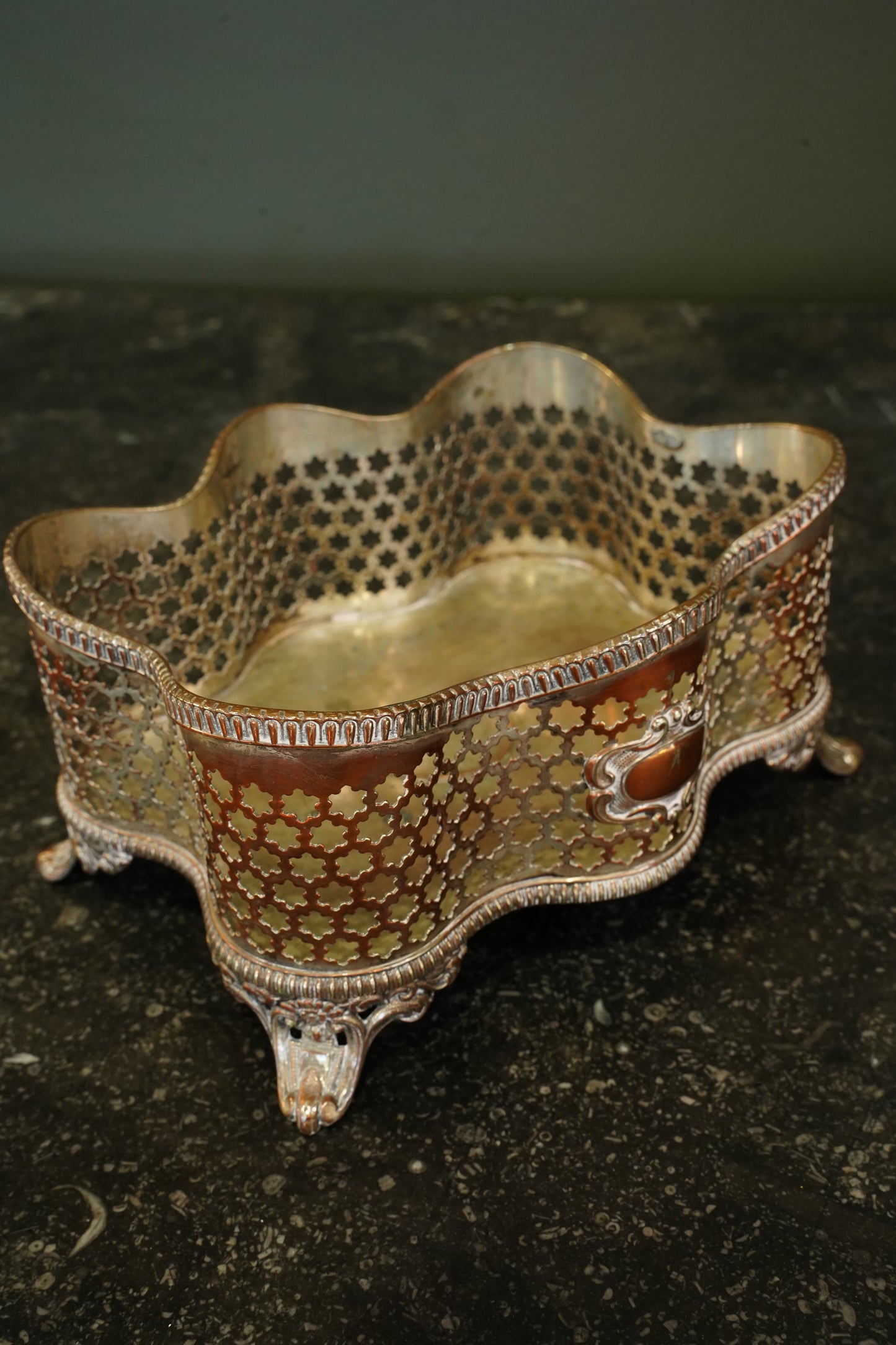 Antique Victorian Silverplate on Copper Pierced Jardinière