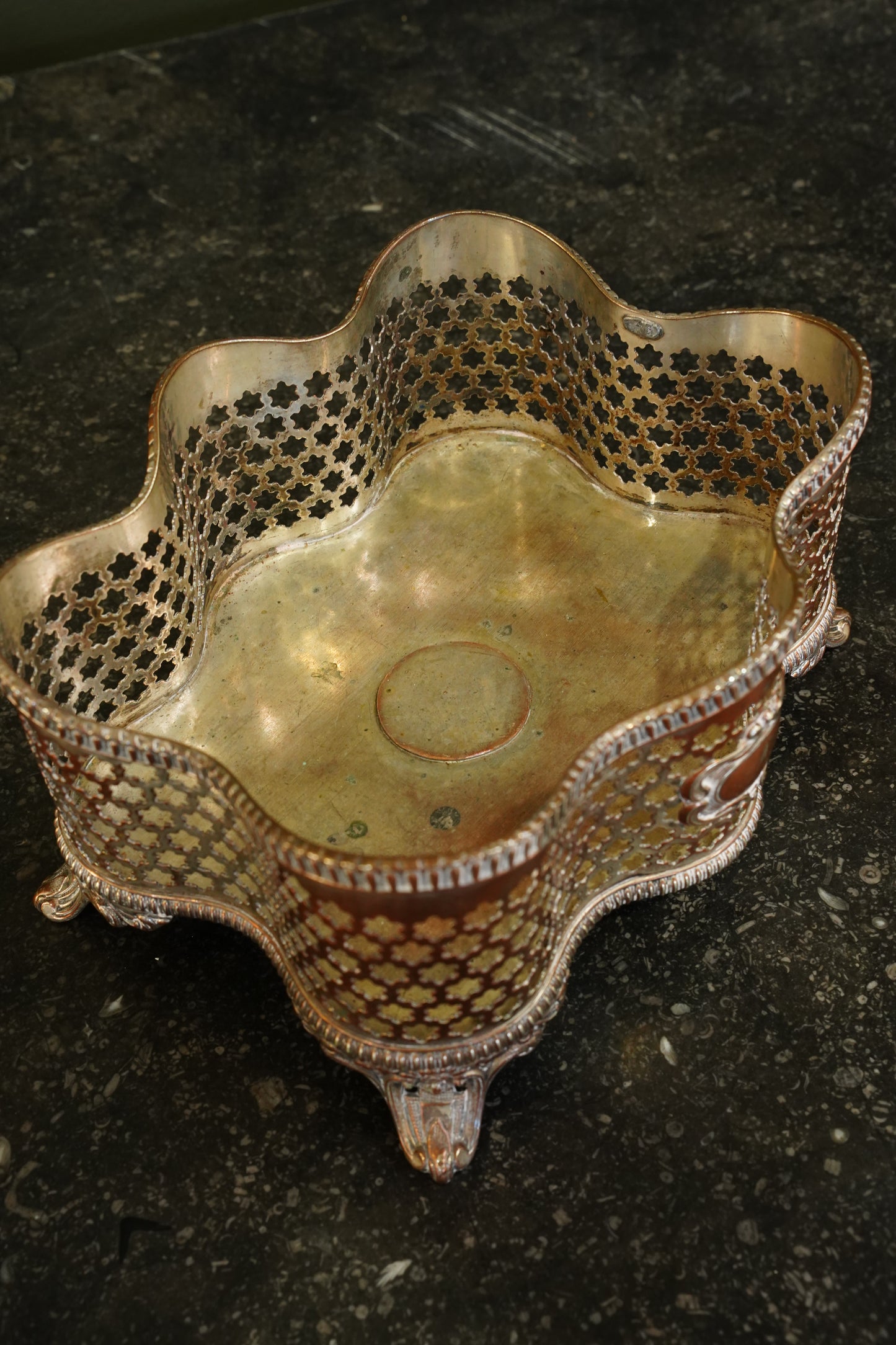 Antique Victorian Silverplate on Copper Pierced Jardinière