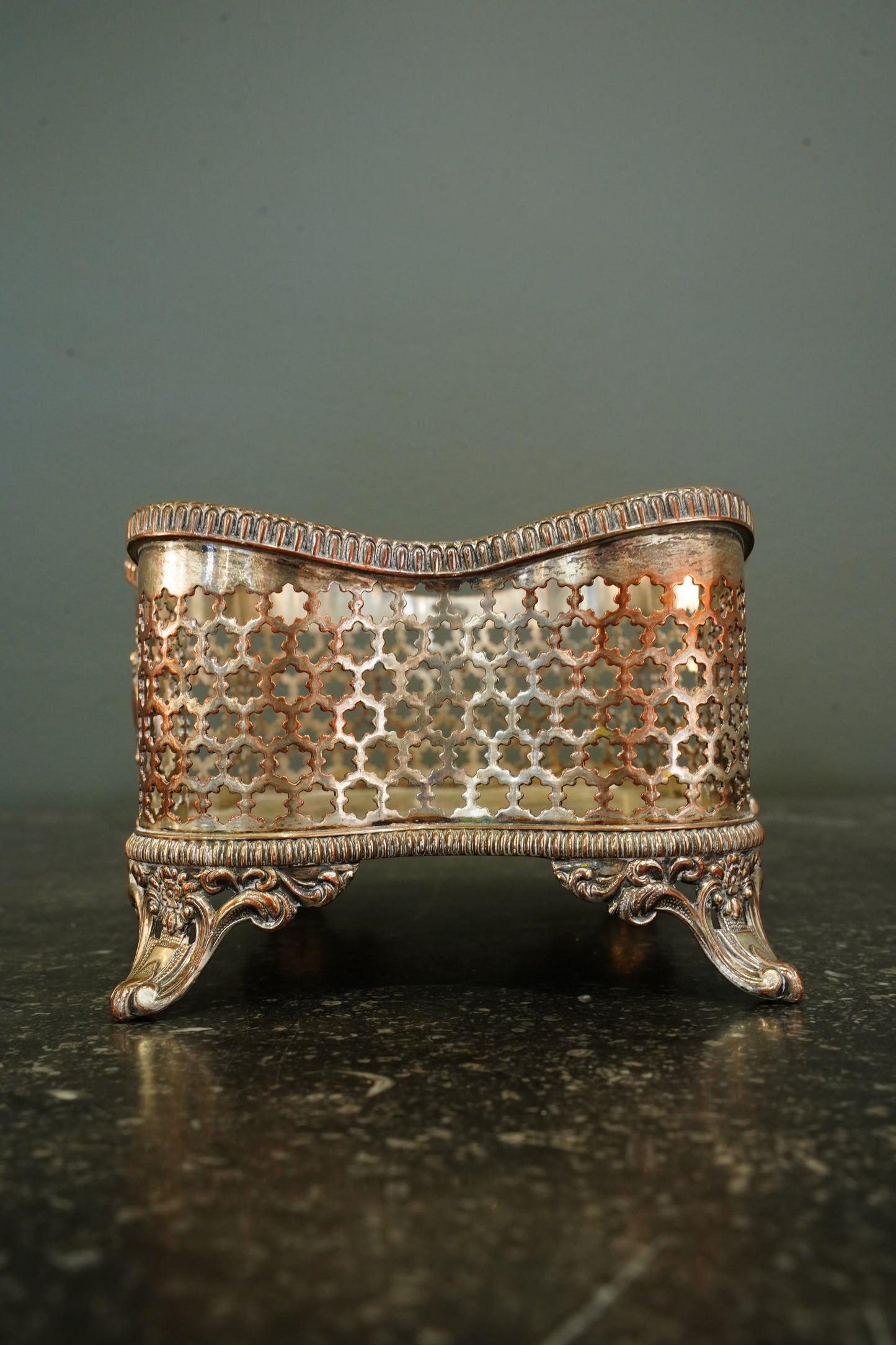 Antique Victorian Silverplate on Copper Pierced Jardinière