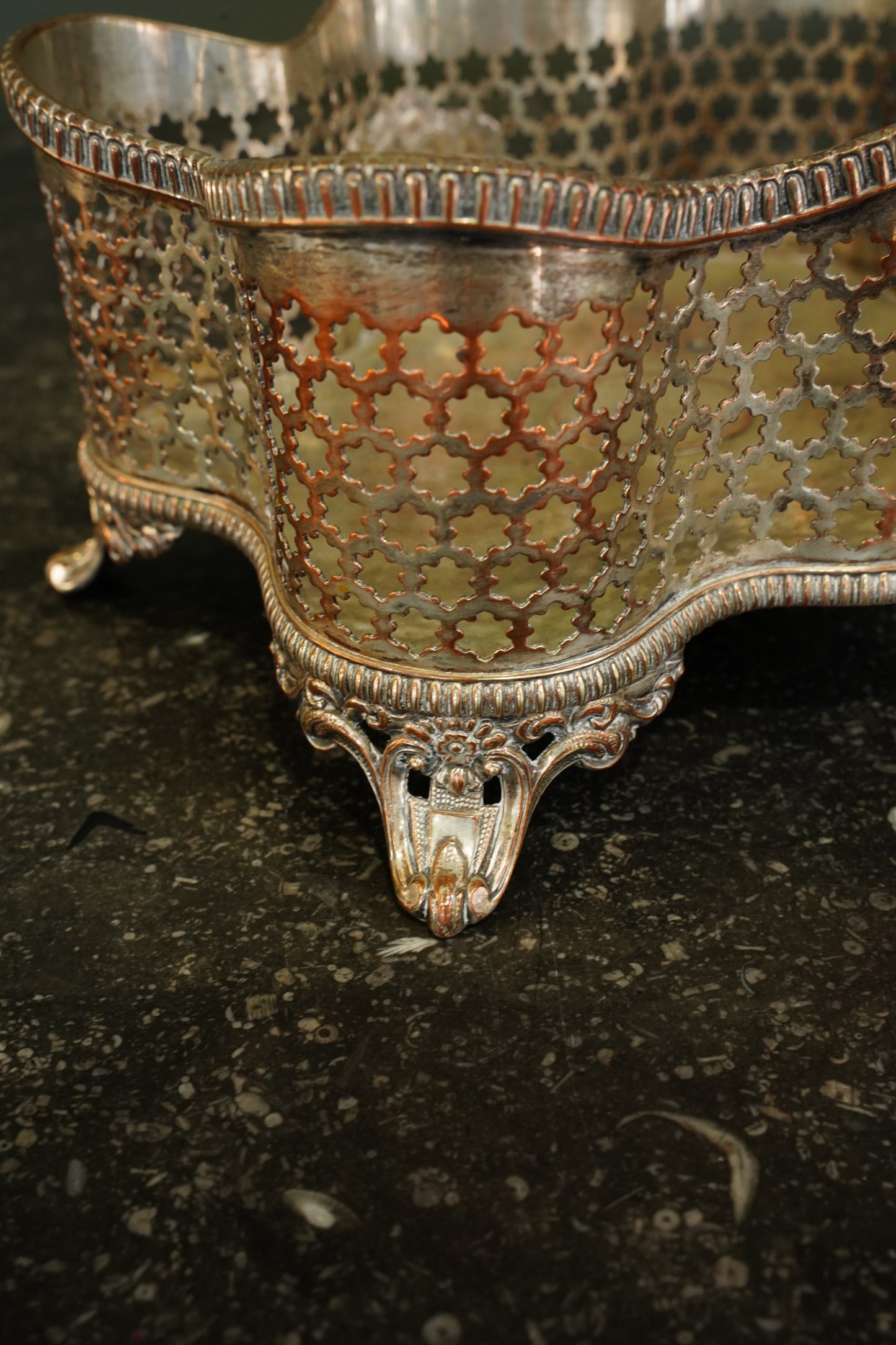Antique Victorian Silverplate on Copper Pierced Jardinière