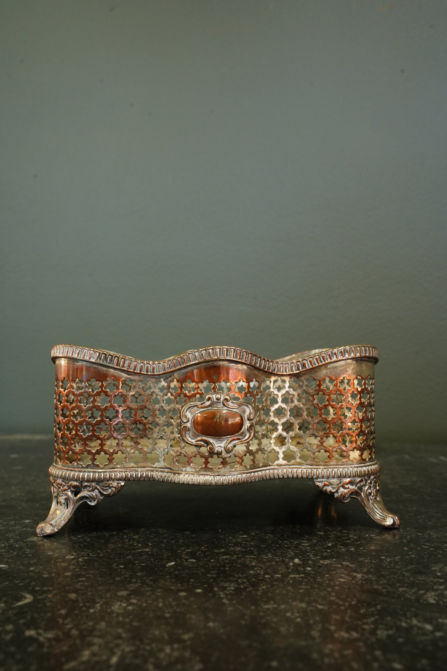 Antique Victorian Silverplate on Copper Pierced Jardinière