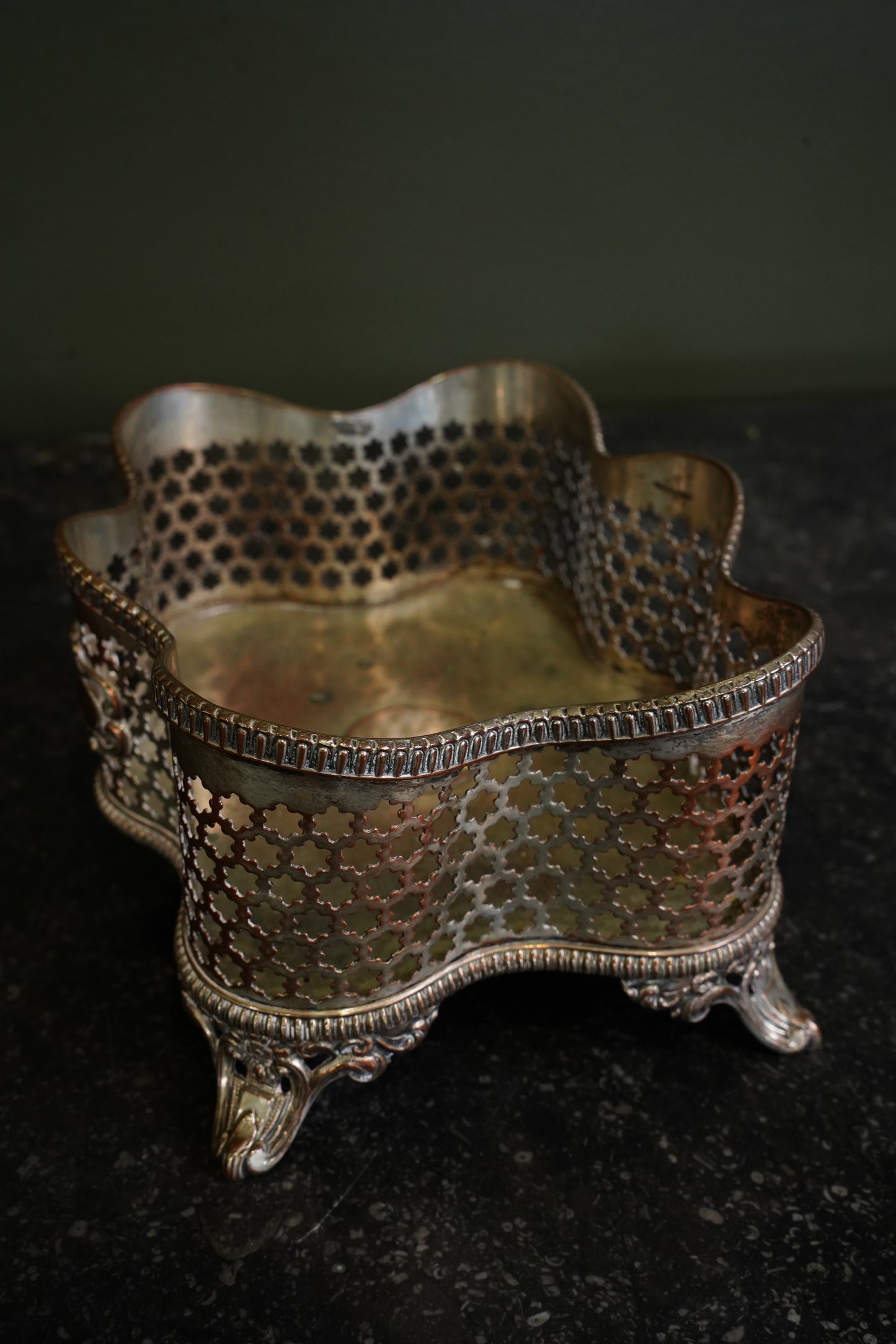Antique Victorian Silverplate on Copper Pierced Jardinière