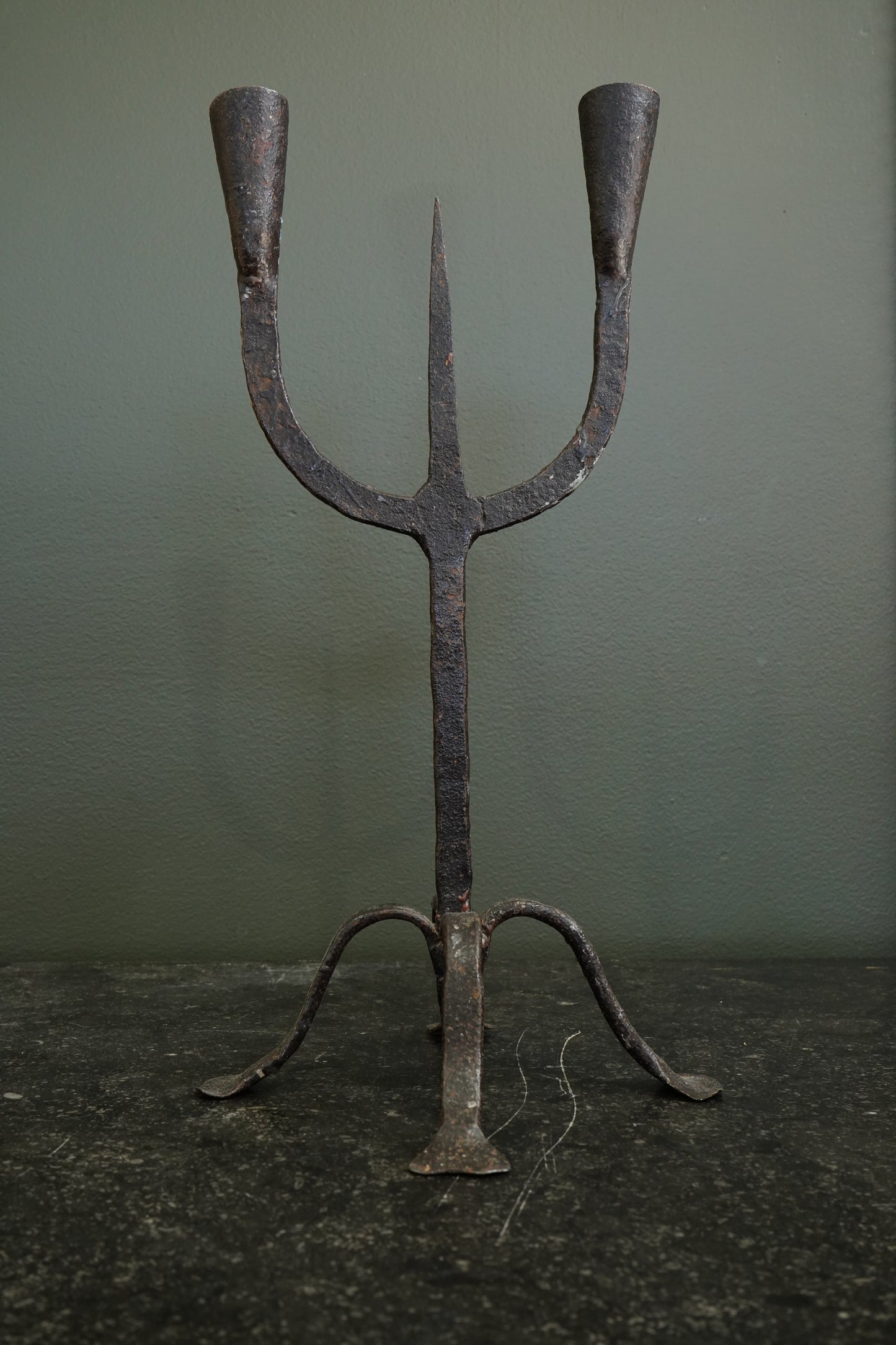 Gothic Revival Wrought Iron Two-Light Pricket Candelabra, 19th Century