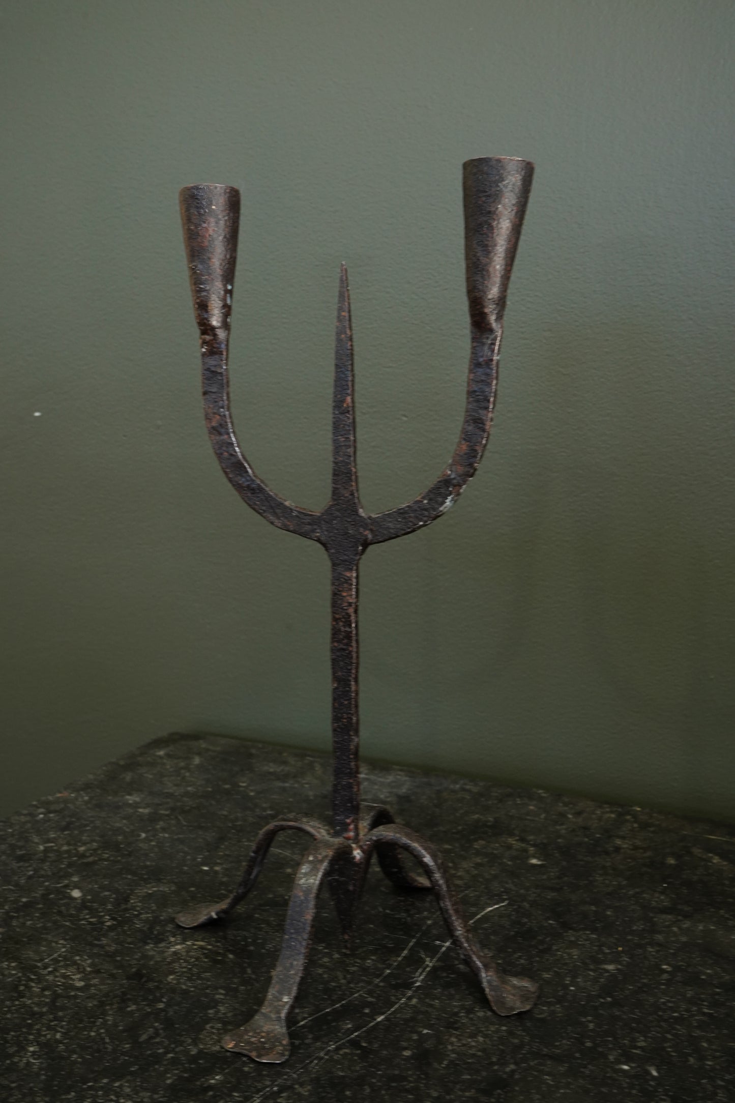 Gothic Revival Wrought Iron Two-Light Pricket Candelabra, 19th Century