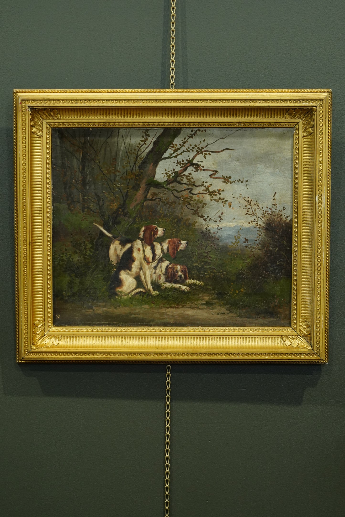*RESERVED* Antique French Oil Painting, Three Hunting Hounds at Rest in a Woodland Landscape