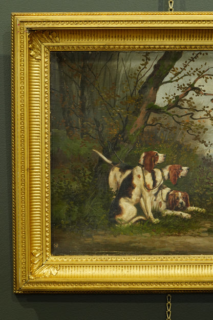 *RESERVED* Antique French Oil Painting, Three Hunting Hounds at Rest in a Woodland Landscape