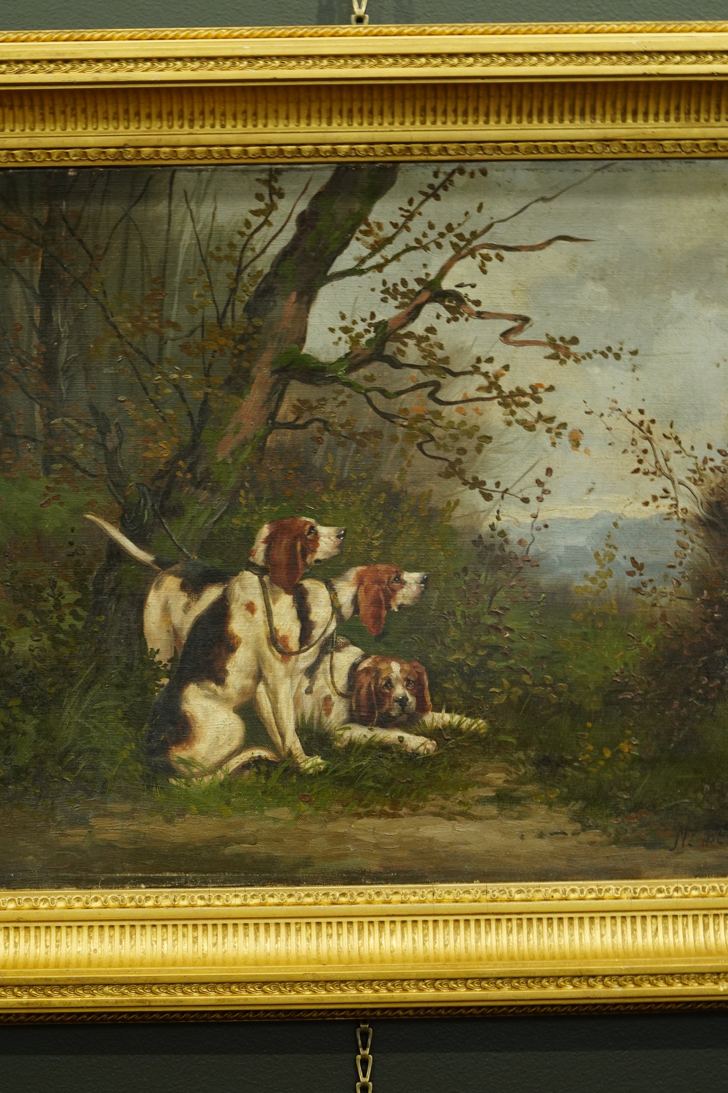 *RESERVED* Antique French Oil Painting, Three Hunting Hounds at Rest in a Woodland Landscape