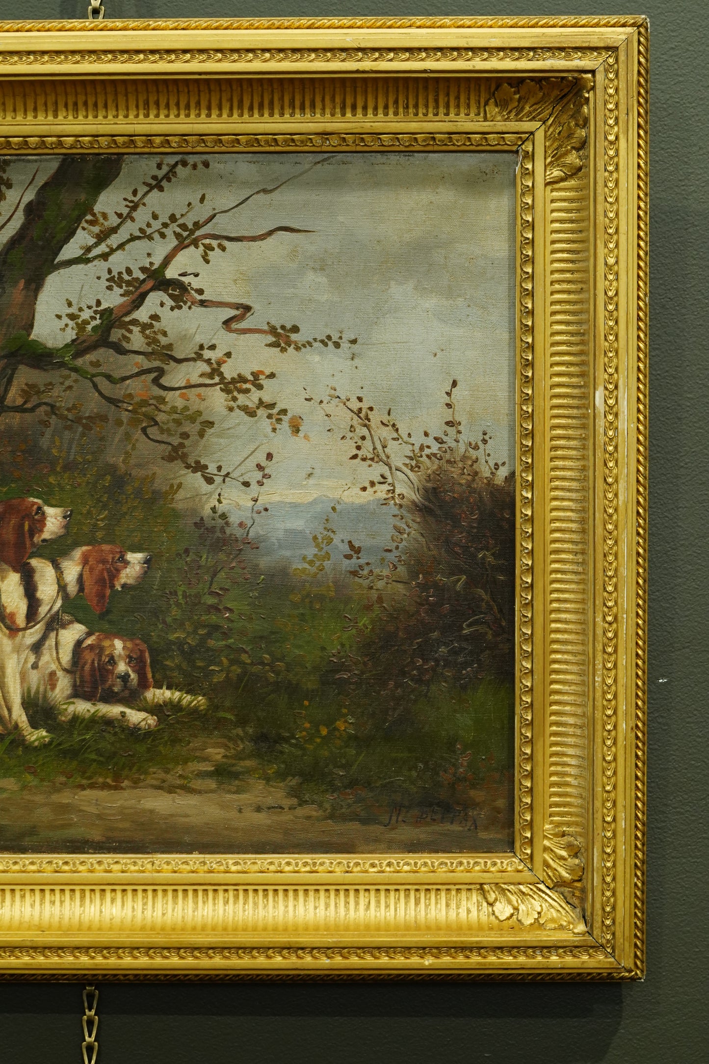 *RESERVED* Antique French Oil Painting, Three Hunting Hounds at Rest in a Woodland Landscape