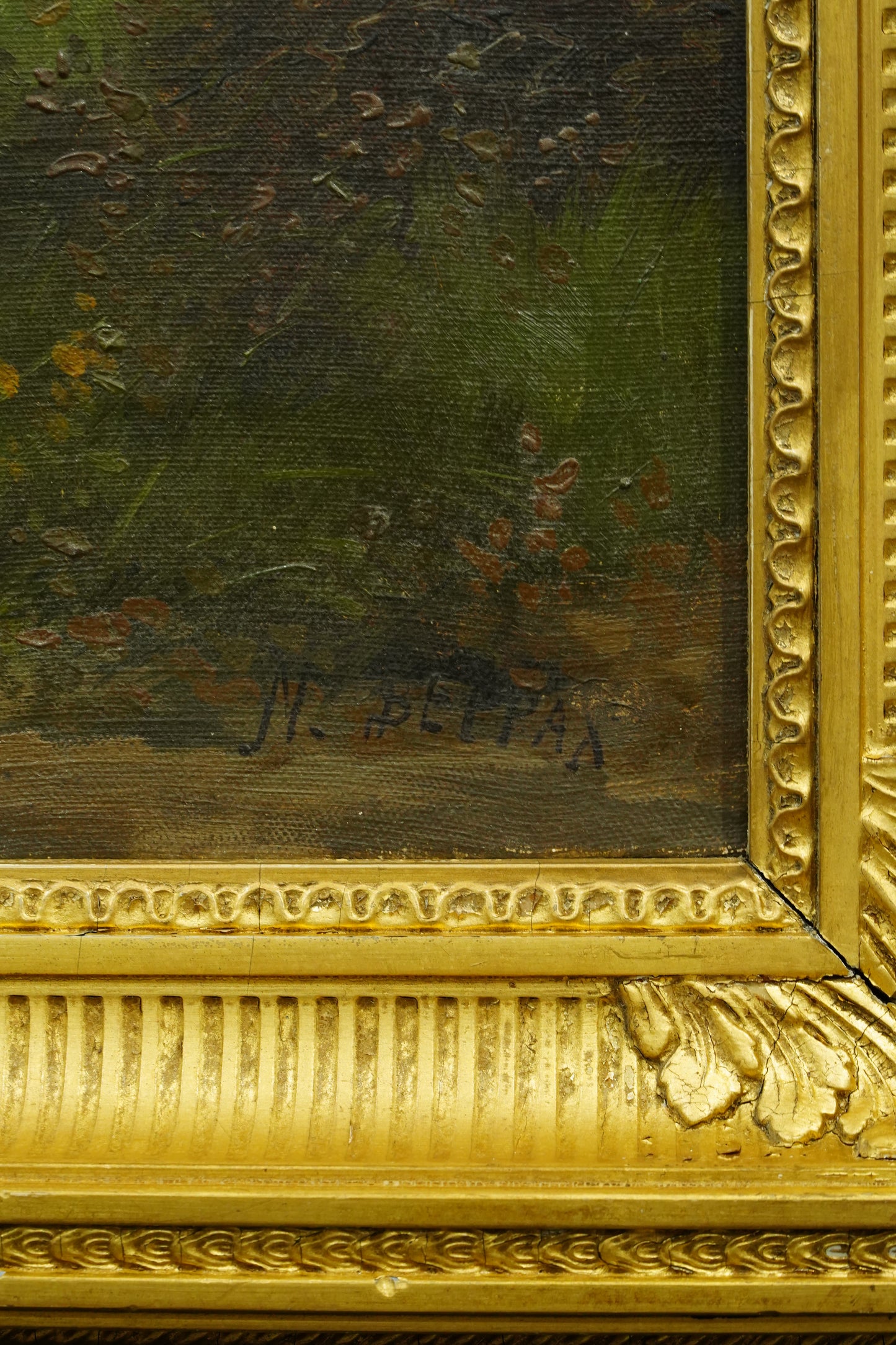 *RESERVED* Antique French Oil Painting, Three Hunting Hounds at Rest in a Woodland Landscape