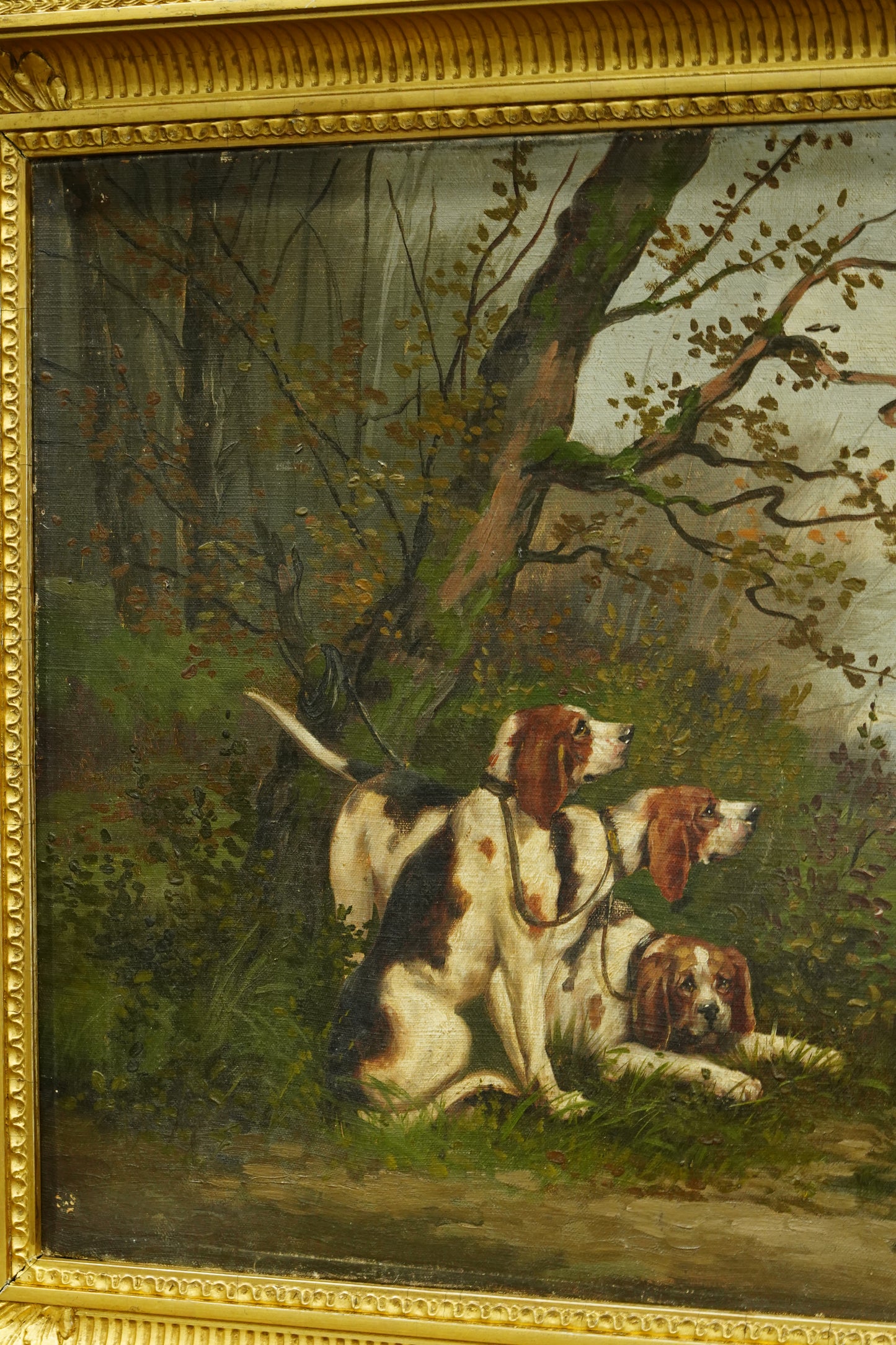 *RESERVED* Antique French Oil Painting, Three Hunting Hounds at Rest in a Woodland Landscape