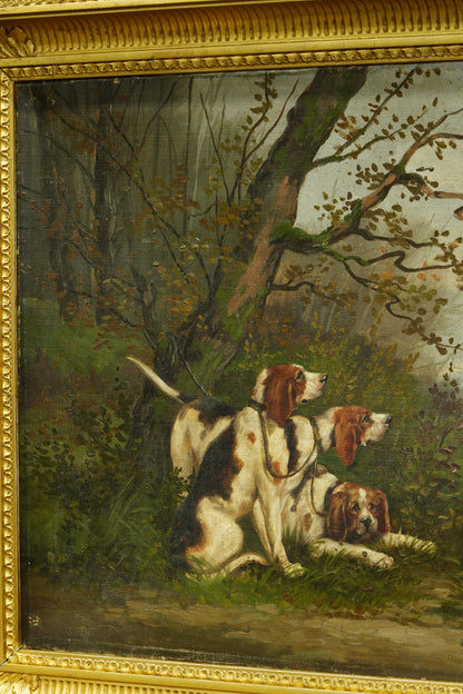 *RESERVED* Antique French Oil Painting, Three Hunting Hounds at Rest in a Woodland Landscape