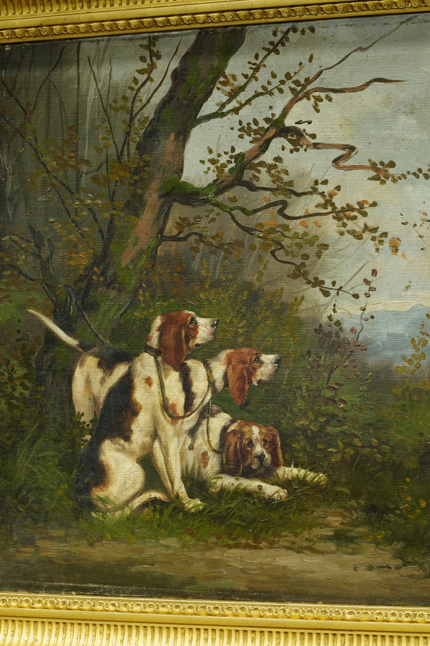 *RESERVED* Antique French Oil Painting, Three Hunting Hounds at Rest in a Woodland Landscape