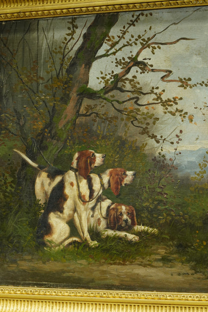 *RESERVED* Antique French Oil Painting, Three Hunting Hounds at Rest in a Woodland Landscape