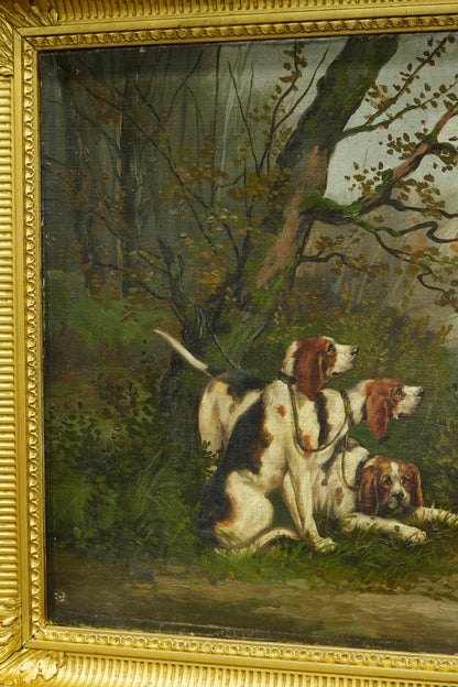 *RESERVED* Antique French Oil Painting, Three Hunting Hounds at Rest in a Woodland Landscape