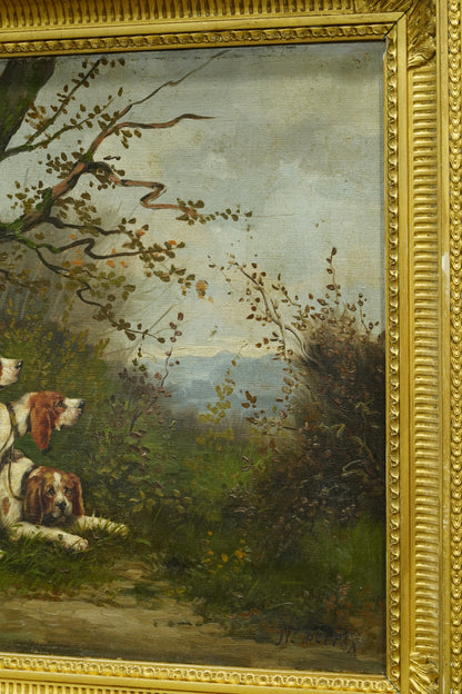 *RESERVED* Antique French Oil Painting, Three Hunting Hounds at Rest in a Woodland Landscape