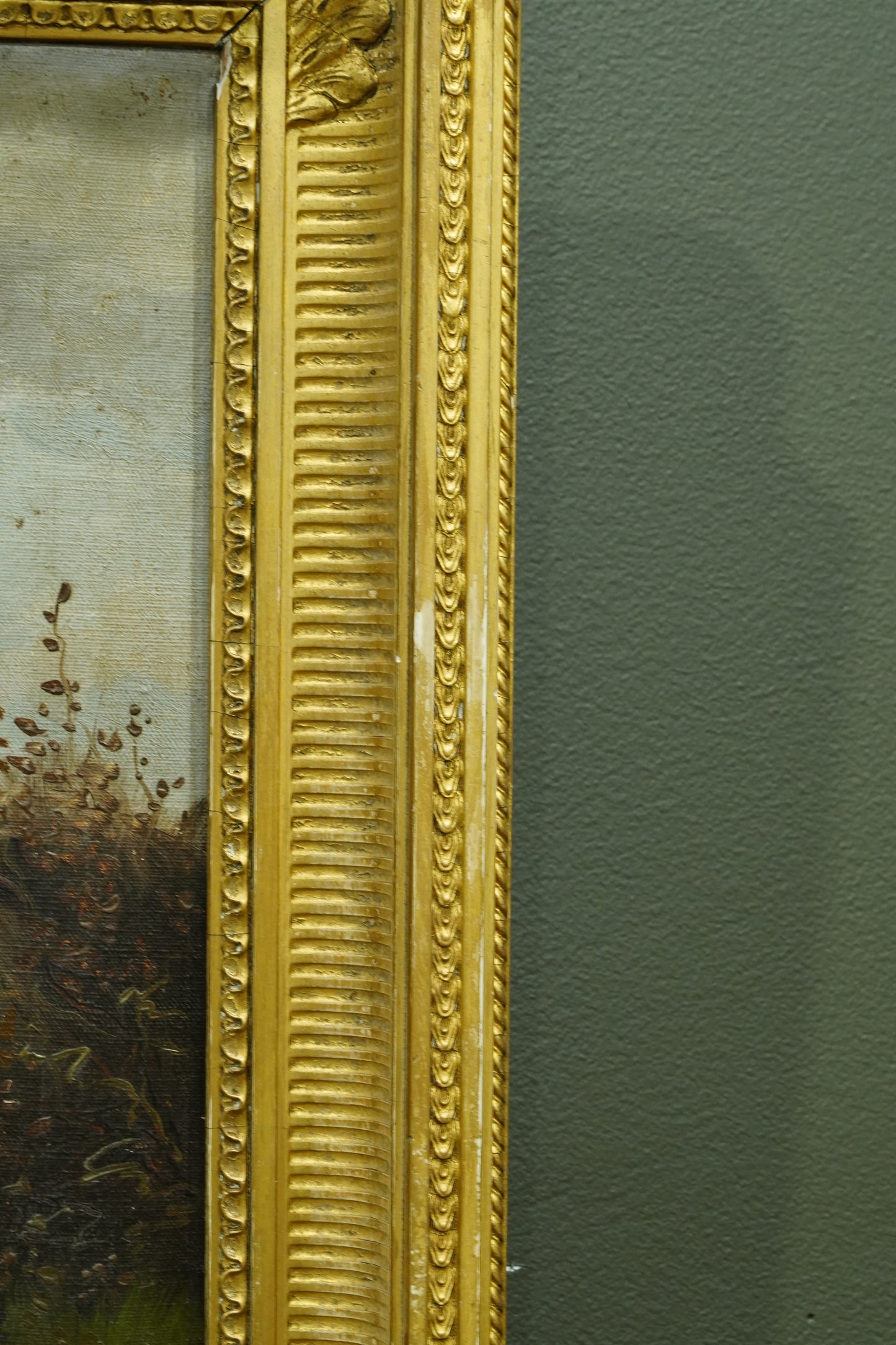 *RESERVED* Antique French Oil Painting, Three Hunting Hounds at Rest in a Woodland Landscape