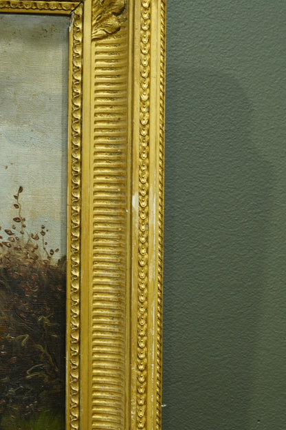 *RESERVED* Antique French Oil Painting, Three Hunting Hounds at Rest in a Woodland Landscape