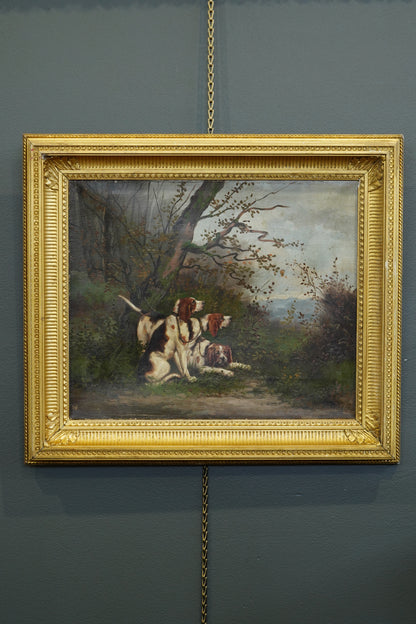 *RESERVED* Antique French Oil Painting, Three Hunting Hounds at Rest in a Woodland Landscape