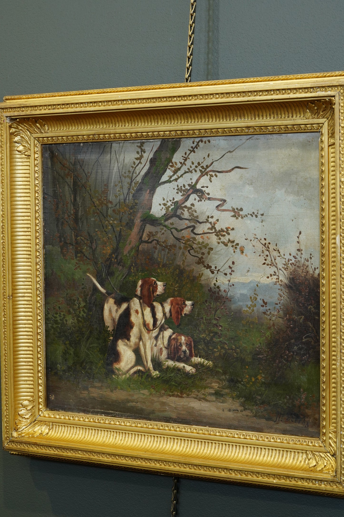 *RESERVED* Antique French Oil Painting, Three Hunting Hounds at Rest in a Woodland Landscape