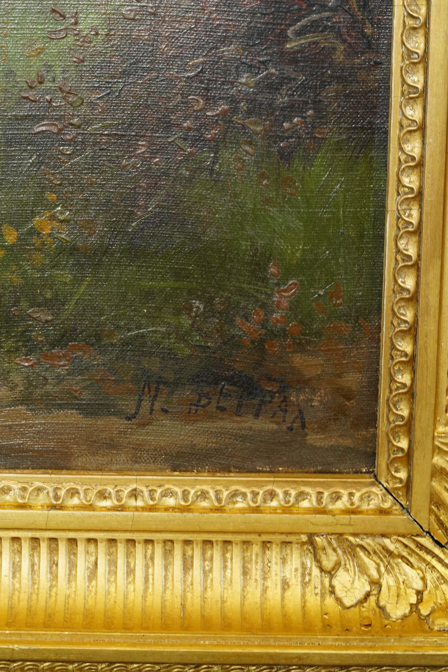 *RESERVED* Antique French Oil Painting, Three Hunting Hounds at Rest in a Woodland Landscape
