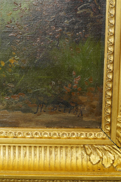 *RESERVED* Antique French Oil Painting, Three Hunting Hounds at Rest in a Woodland Landscape