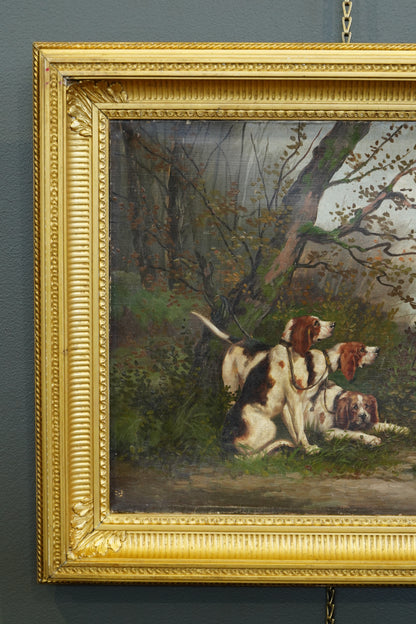*RESERVED* Antique French Oil Painting, Three Hunting Hounds at Rest in a Woodland Landscape