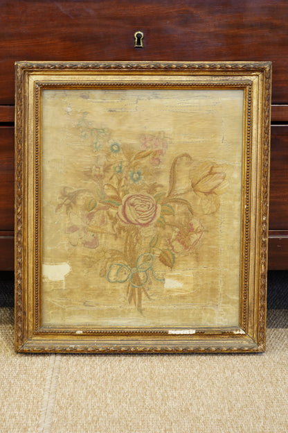 *RESERVED* Antique Georgian Silk Embroidery Floral Bouquet, Named Maker