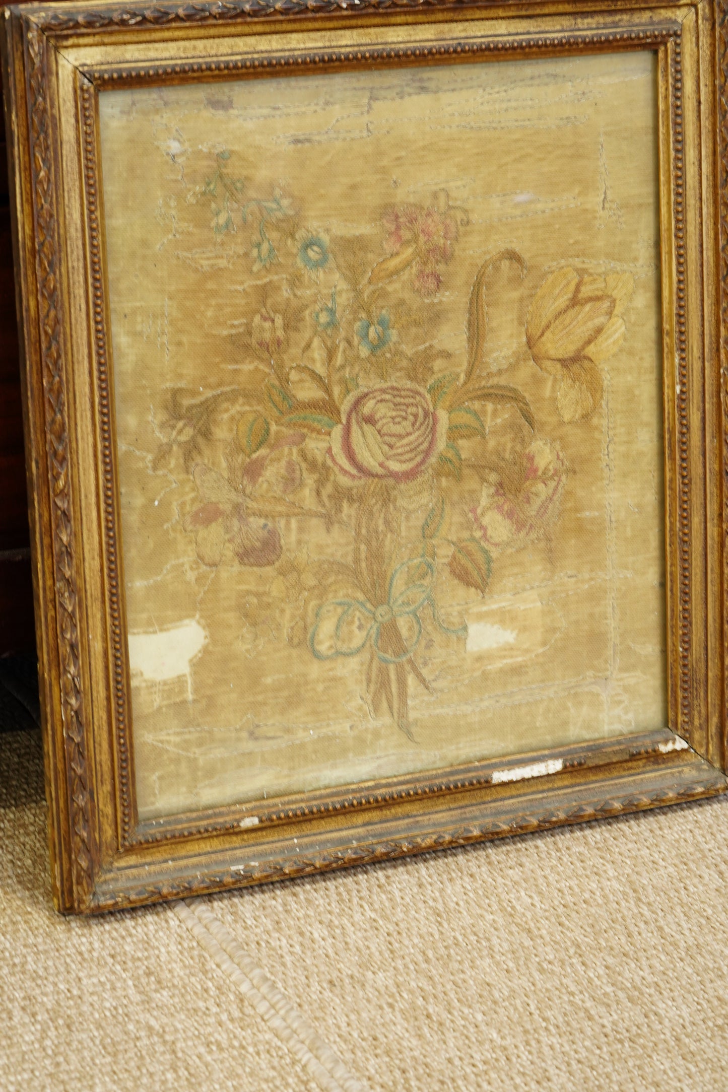 *RESERVED* Antique Georgian Silk Embroidery Floral Bouquet, Named Maker
