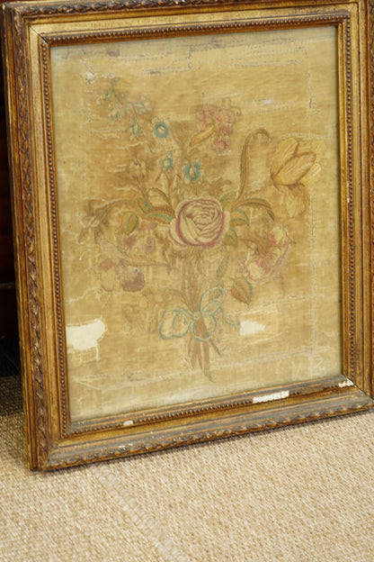 *RESERVED* Antique Georgian Silk Embroidery Floral Bouquet, Named Maker