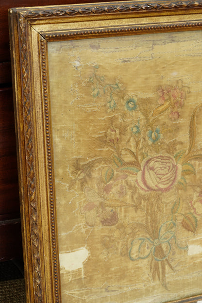 *RESERVED* Antique Georgian Silk Embroidery Floral Bouquet, Named Maker