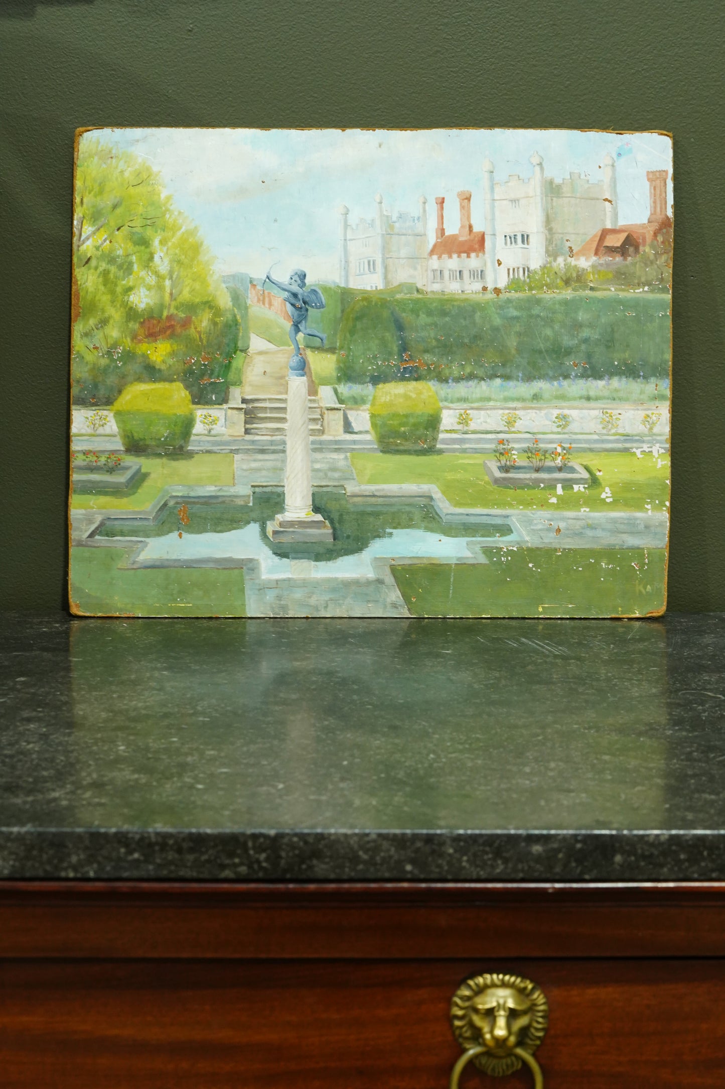 Antique Oil Painting of Formal Garden, Believed Hever Castle Kent, Circa 1920
