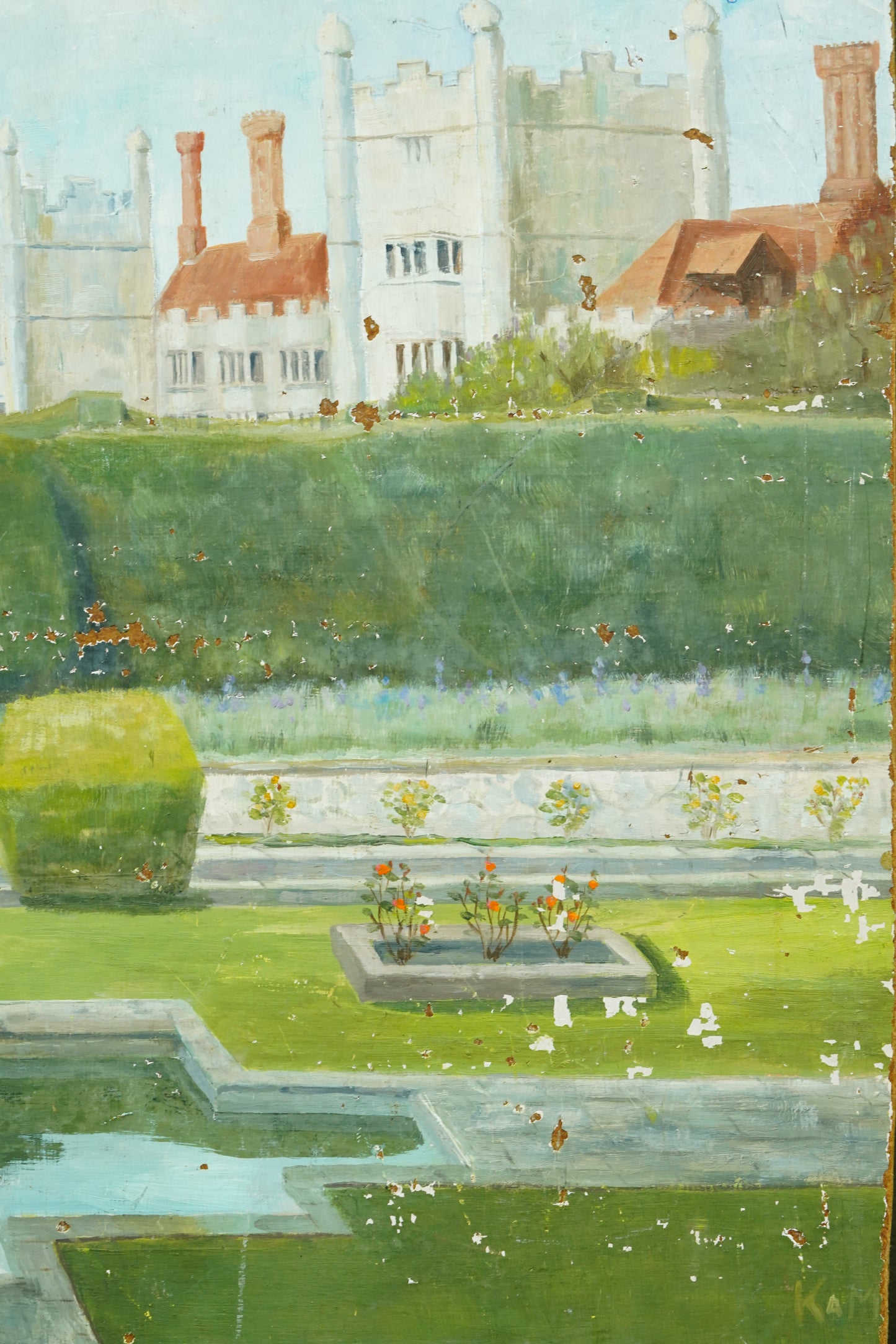 Antique Oil Painting of Formal Garden, Believed Hever Castle Kent, Circa 1920