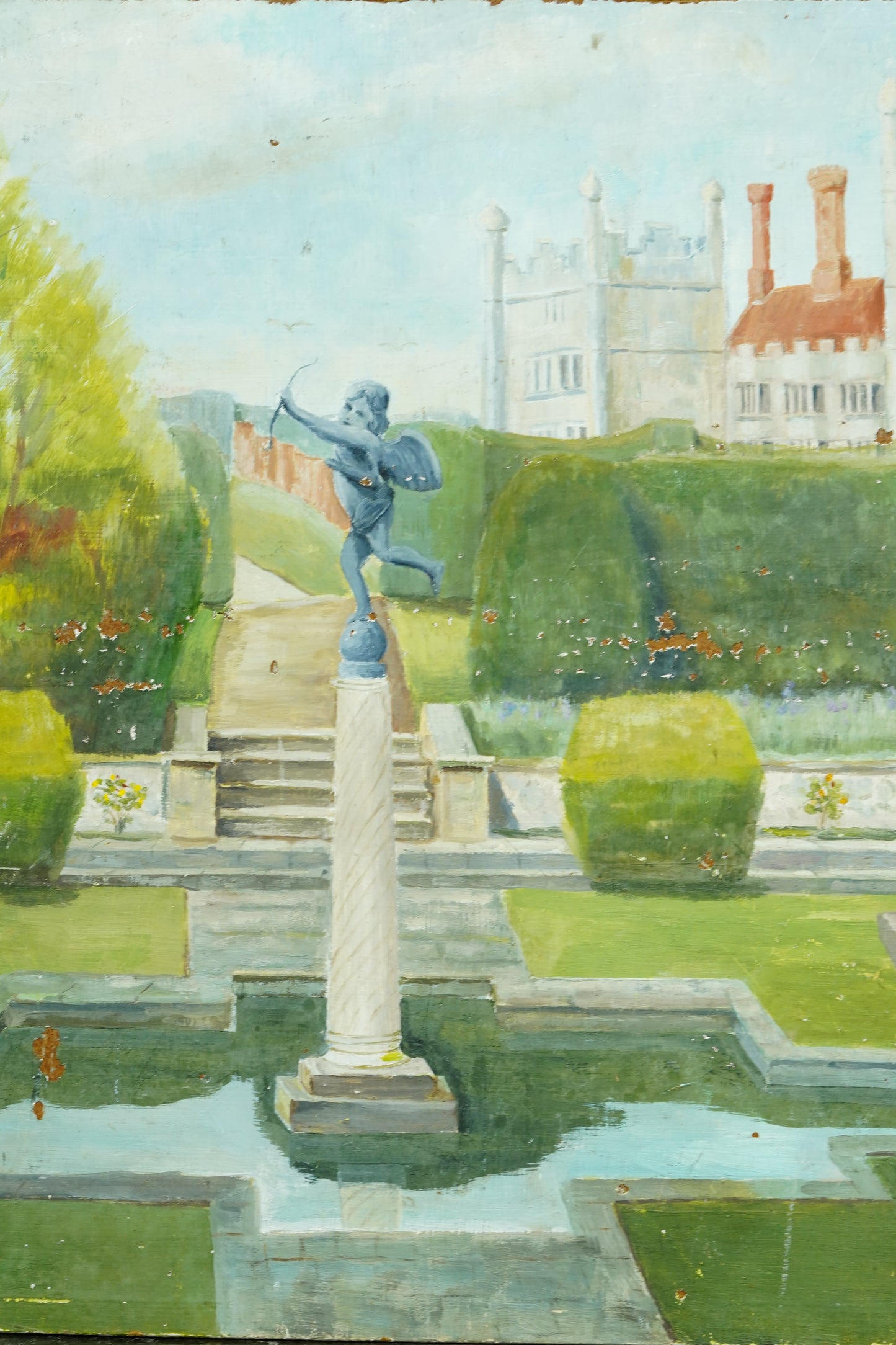 Antique Oil Painting of Formal Garden, Believed Hever Castle Kent, Circa 1920