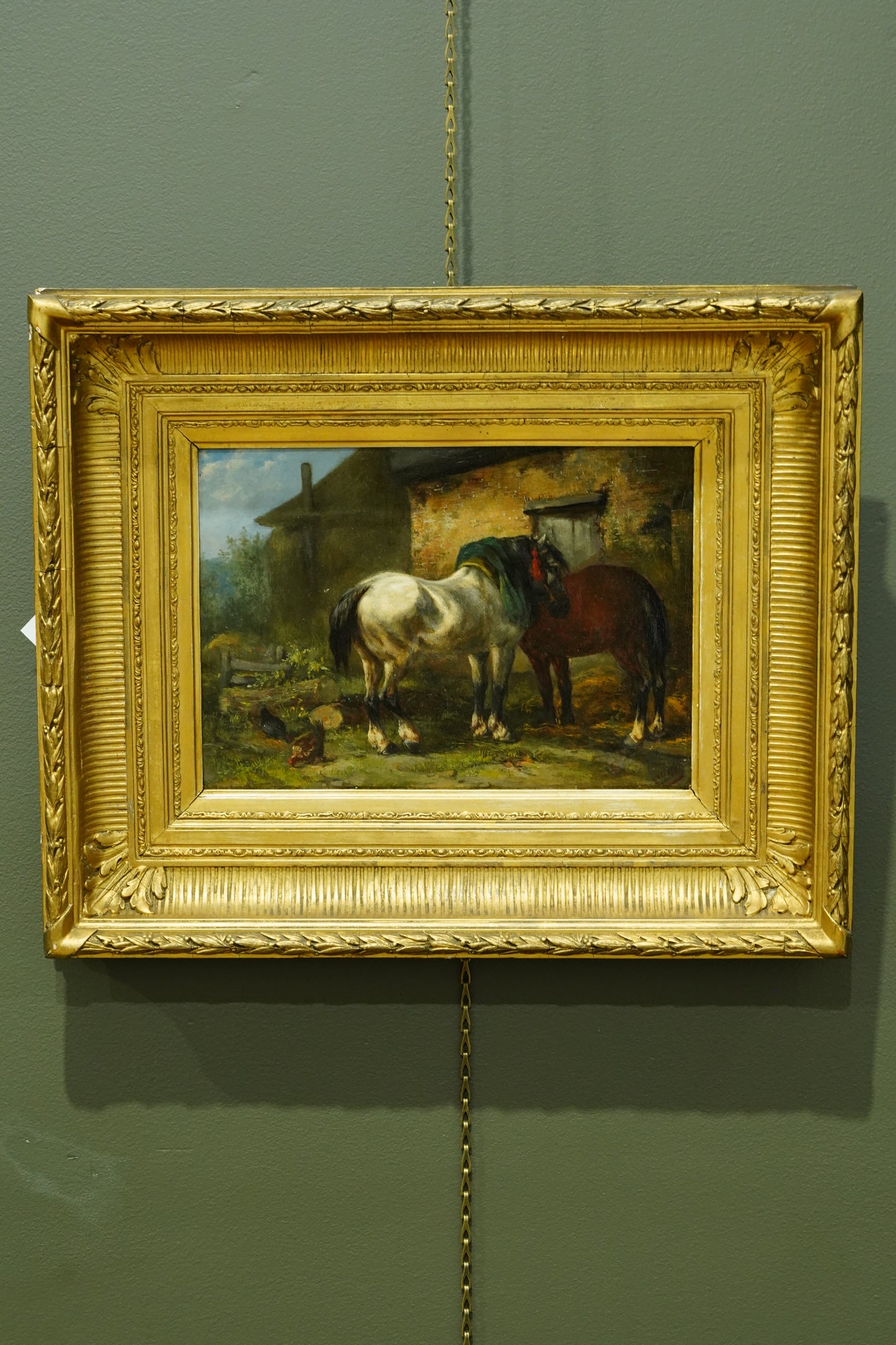 Antique Signed Oil on Board, Two Horses in a Stable Yard, Continental School