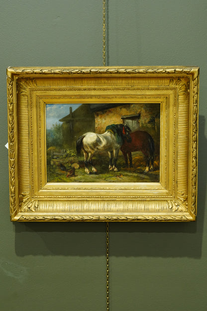 Antique Signed Oil on Board, Two Horses in a Stable Yard, Continental School
