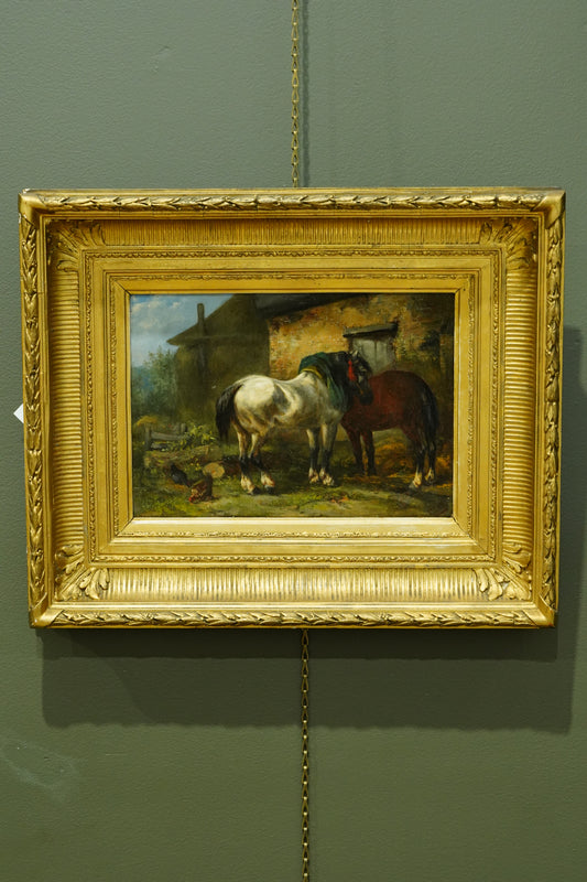 Antique Signed Oil on Board, Two Horses in a Stable Yard, Continental School