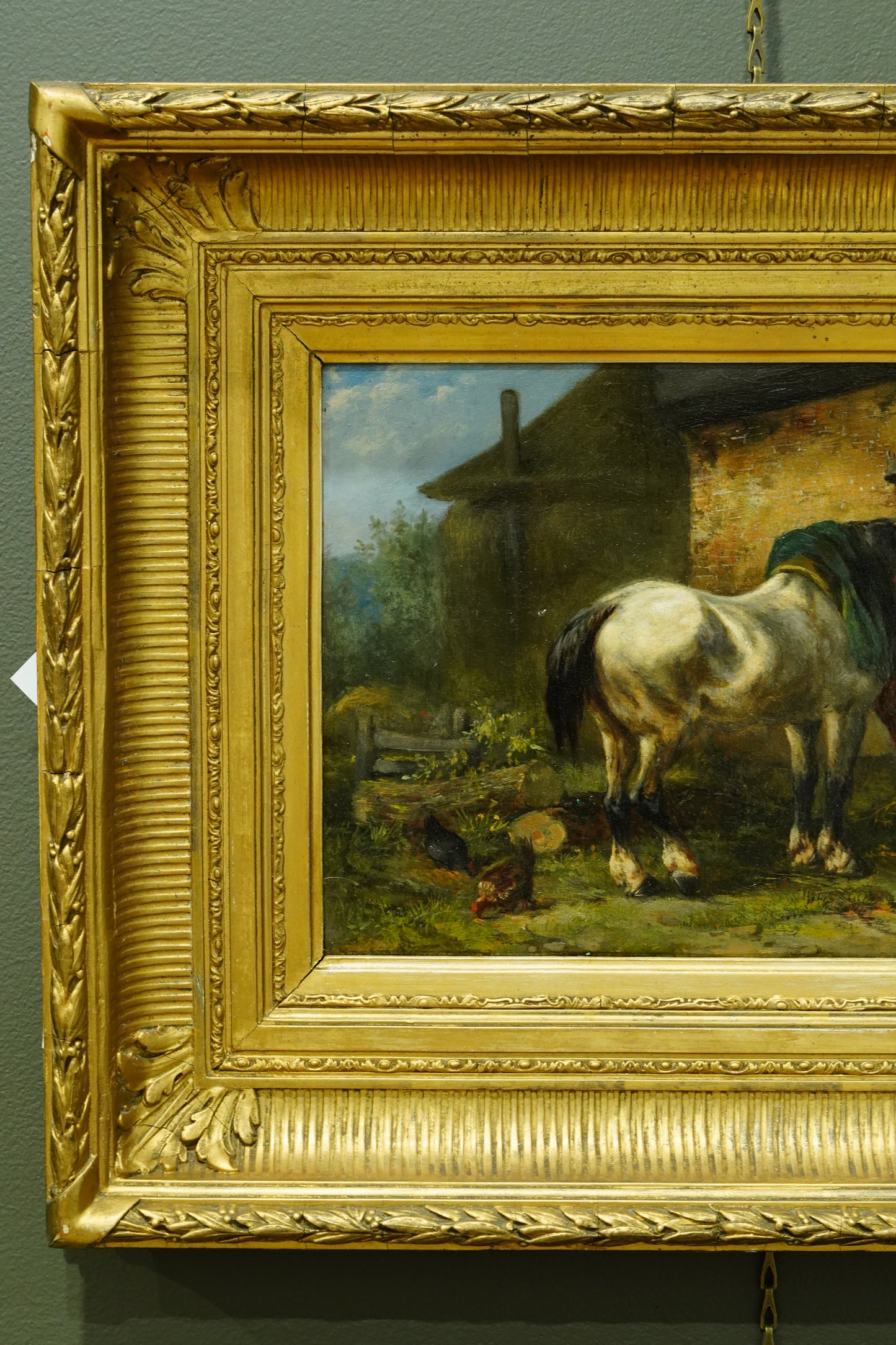 Antique Signed Oil on Board, Two Horses in a Stable Yard, Continental School