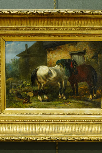 Antique Signed Oil on Board, Two Horses in a Stable Yard, Continental School
